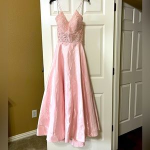 Camille La Vie pink beaded satin prom evening long dress size 16 Cinderella